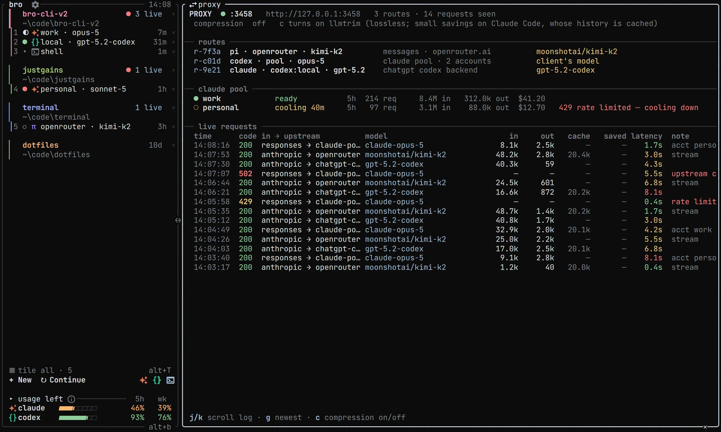 bro proxy routes and live requests