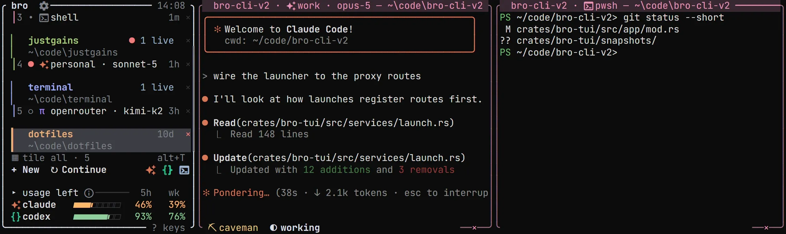bro sidebar with hover actions on a project