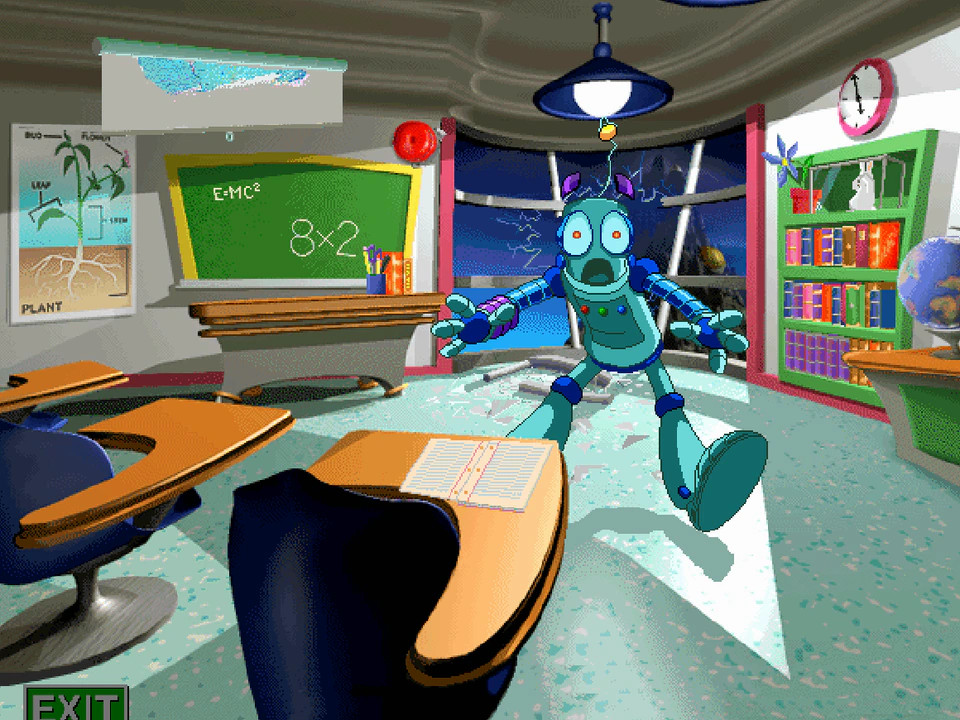 The blue robot in the mountain classroom in JumpStart 3rd Grade