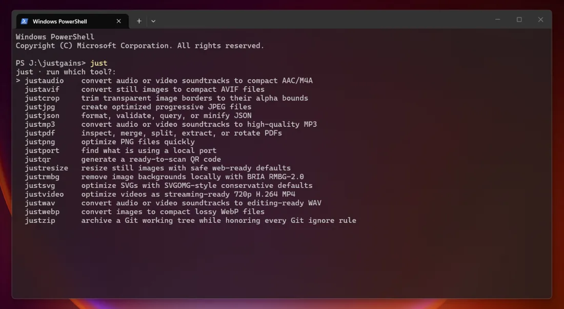 JustTools: the just menu listing justaudio, justpdf, justjson, justvideo and more