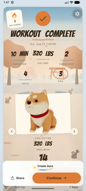 JustGains workout complete screen